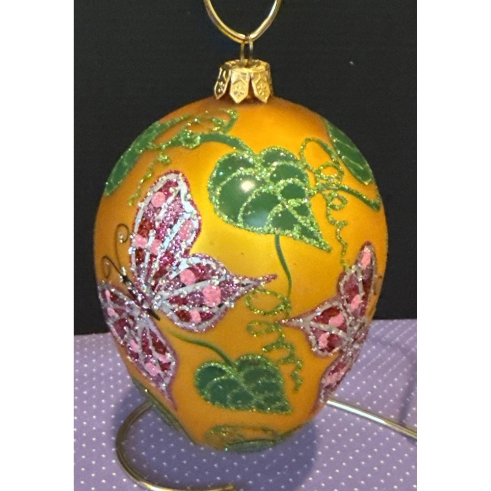Butterfly Vines Christmas Glass Gold Colorful Oval Shape Ornament Holiday Poland